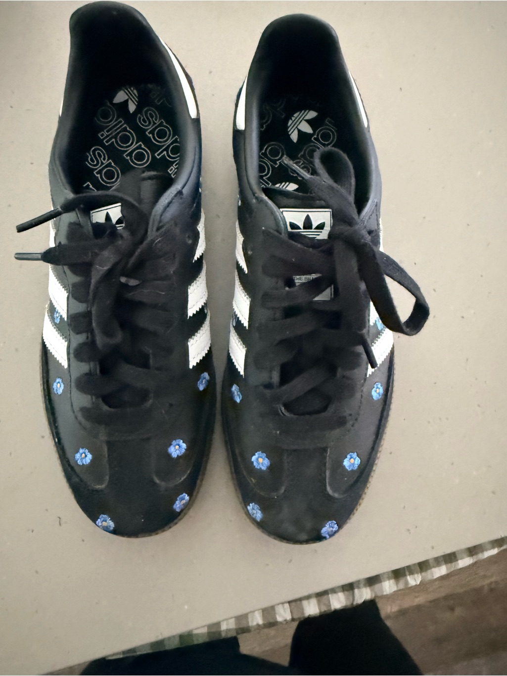 Adidas Black Suede Sneakers With White Stripes And Blue Forget Me Nots